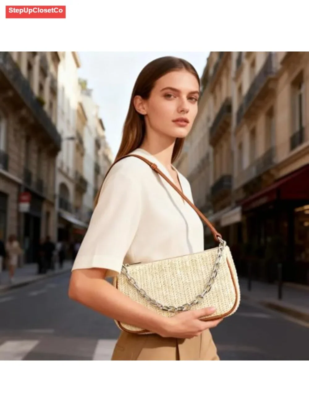 Handwoven Straw Tote Hobo Bag with Chain Handle Zipper Closure Boho Beach